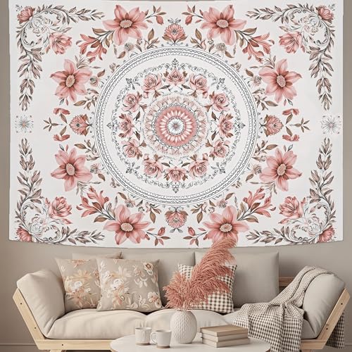 Motanber Pink Floral Tapestry Wall Hanging Boho Mandala Medallion Tapestry Aesthetic Watercolor Flower Cute Large Tapestries for Bedroom Living Room Dorm Decor 80 x 60 Inch - color: Light Pink, size: 80"L x 60"W