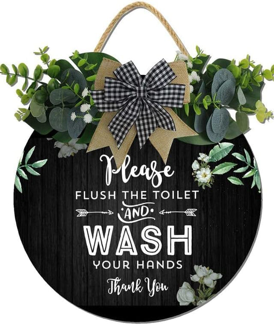 Bathroom Decor,Please Flush The Toilet and Wash Your Hands Thank You Sign,Rustic Round Wooden Wreath Sign,Bath Toilet Decoration for All The Seasons - color: D12, size: 11 Inch