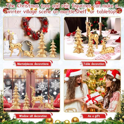 4-Piece Gold Christmas Tree Figurines and Resin Elk Sculpture Small Resin Christmas Trees,Tabletop Tree Artificial Animal Crafts for Indoor Home Decor,Tabletop Mantle Cabinet Desktop Offic