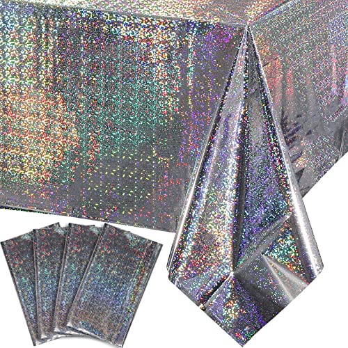 FunnyPars 4 Pack Iridescent Plastic Tablecloths Shiny Disposable Laser Rectangle Table Covers Holographic Foil Tablecloth Iridescent Party Decoration Birthday Bridal Wedding Christmas 54"x108"(Silver) - color: Silver