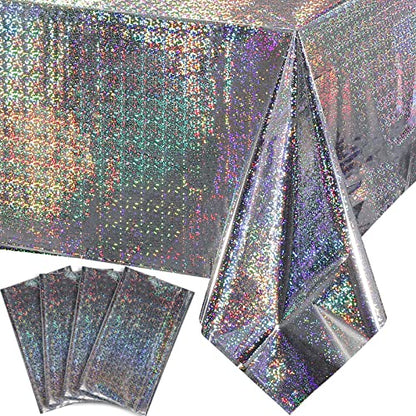 FunnyPars 4 Pack Iridescent Plastic Tablecloths Shiny Disposable Laser Rectangle Table Covers Holographic Foil Tablecloth Iridescent Party Decoration Birthday Bridal Wedding Christmas 54"x108"(Silver) - color: Silver