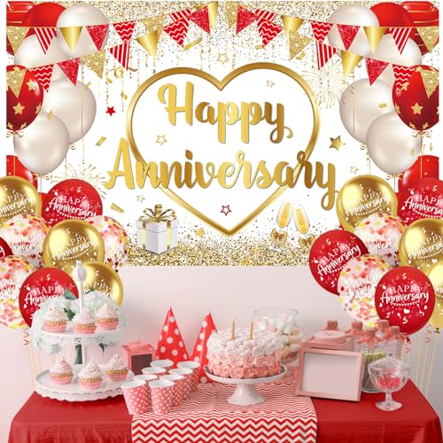 Red Gold Anniversary Party Decorations Happy Anniversary Banner Backdrop and 18Pcs Red Gold Happy Anniversary Balloons Anniversary Party Photography Background for Wedding Anniversary Party Supplies