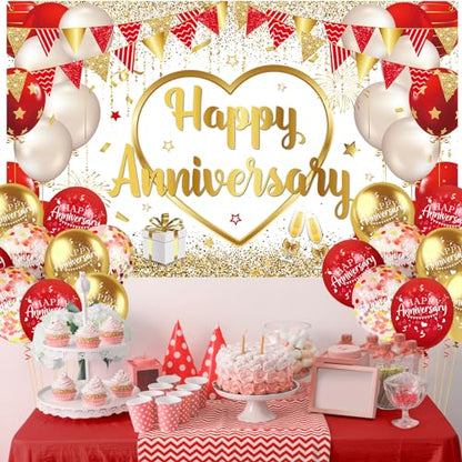 Red Gold Anniversary Party Decorations Happy Anniversary Banner Backdrop and 18Pcs Red Gold Happy Anniversary Balloons Anniversary Party Photography Background for Wedding Anniversary Party Supplies