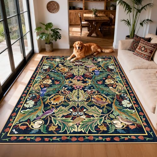 nesrt Jungle Living Room Area Rug 5x7, Animal Print Washable Soft Boho Floral Bedroom Rug Non Slip, Botanical Woodland Birds Throw Carpet for Kids Playroom Dining Room Dorm Nursery Office (Dark Green) - color: Dark Green, size: 5' x 7' (Rectangular)
