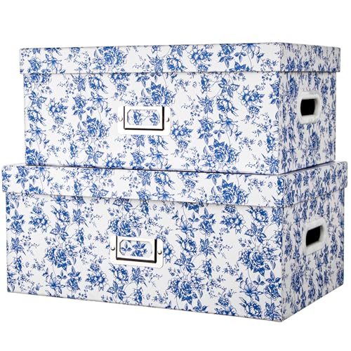 Briful Set of 2 Blue and White Porcelain-Style Storage Boxes with Lids – Elegant Floral Nesting Organizer Bins, 14'' + 13'' Set Decorative Cardboard Gift Boxes for Home or Office Use - color: 2pcs Blue and White
