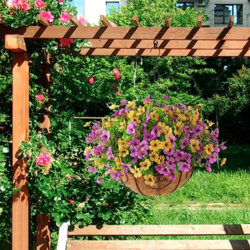 Artificial Hanging Flowers Basket for Outdoor, UV Resistant Plants Daisy - color: Purple Yellow