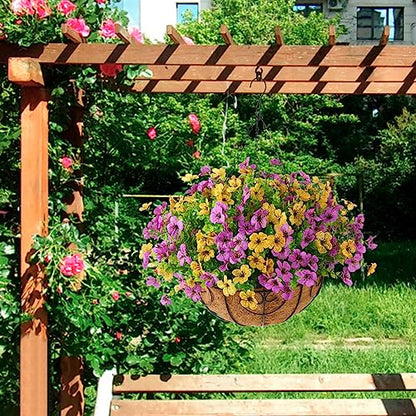 Artificial Hanging Flowers Basket for Outdoor, UV Resistant Plants Daisy - color: Purple Yellow