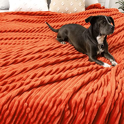 MIULEE Fleece Throw Blanket for Couch 300GSM Super Soft Lightweight Plush Striped, Fall Burnt Orange Warm Cozy Breathable Ribbed Blanket for Bed/Sofa, Throw Size 50"x60" - color: Burnt Orange, size: 50"x60"