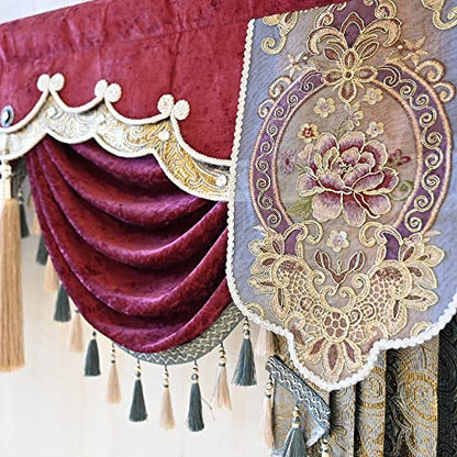 Luxury Burgundy Waterfall Valance Curtain, Floral Embroidered Swag Valance - size: 59"W x 47"L (Pack of 1)