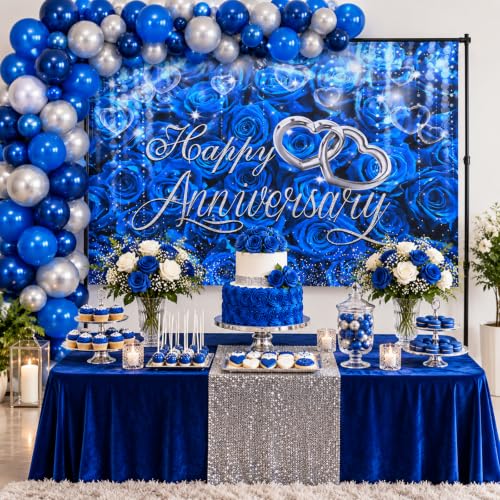 Mocsicka Happy Anniversary 배경, 블루 앤 실버, 2.1x1.5m(7x5피트) - color: 블루., size: M-(82x60 inch)
