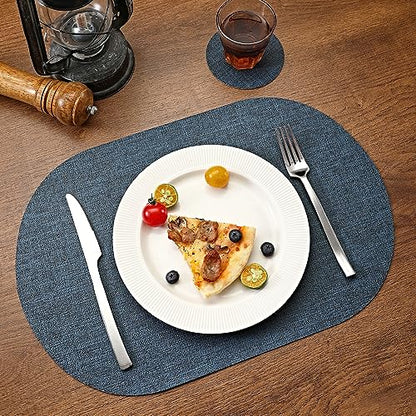 Oval Table Mats Set of 6, Faux Leather Placemats, Heat Resistant & Waterproof(Navy/Grey) - color: Navy/Grey