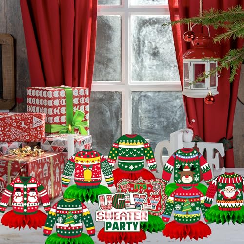 9 Pcs Ugly Sweater Party Decorations Honeycomb Centerpiece - style: Christmas Ugly Sweater Party