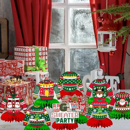9 Pcs Ugly Sweater Party Decorations Honeycomb Centerpiece - style: Christmas Ugly Sweater Party