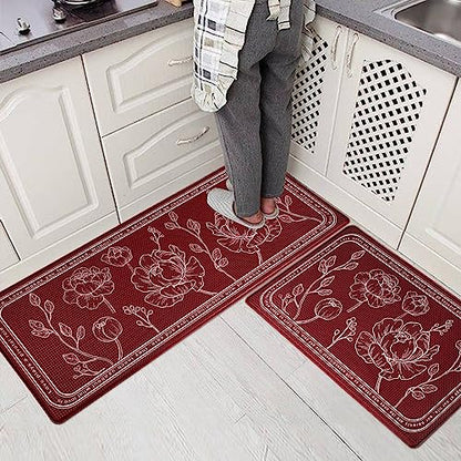 Kitchen Floor Mat Set of 2, Anti Fatigue Kitchen Mat 17"x47"+17"x29" - color: Red, size: 17"x47"+17"x29"