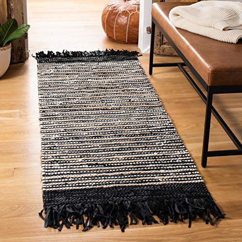 SAFAVIEH Vintage Leather Collection Runner Rug - 2'3" x 9', Black & Multi, Handmade Boho Fringe Leather, Ideal for High Traffic Areas in Living Room, Bedroom (VTL373G) - color: Black/Multi, size: 2'3" x 9' (Runner)