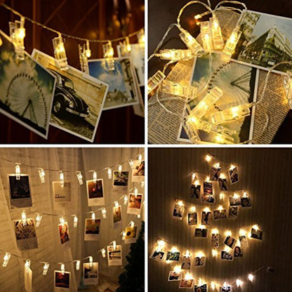 Decute 50LED Photo Clips String Lights Holder Timer Function 8 Modes Dimmable with Remote, 17FT Fairy Starry Lights for Christmas Card Bedroom Wedding Party Hanging Photos Pictures Memos, Warm White - color: Warm White 02