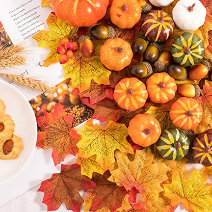 Whaline 160 Pcs Fall Decorations for Home Autumn Artificial Maple Leaves Harvest Pumpkins Gourds Acorns and Orange Berry Stems Set for Thanksgiving Halloween Home Table Decoration Party Backdrop