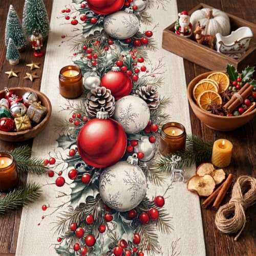 Christmas Table Runner 13 x 72 Inch, Holiday Table Decor with Christmas Ball & Pinecone Design - color: Christmas-001