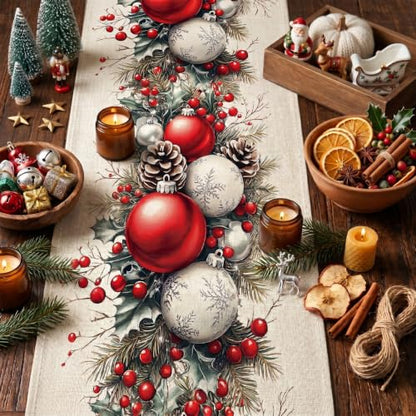 Christmas Table Runner 13 x 72 Inch, Holiday Table Decor with Christmas Ball & Pinecone Design - color: Christmas-001