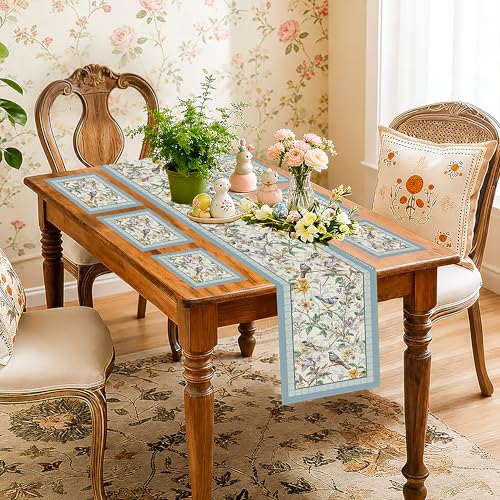 Floral Bird Table Runner and Placemats Set of 6, 13 x 72 Inch - color: Bird