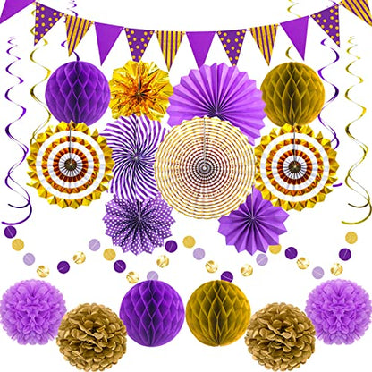 24 Pcs Purple Gold Party Decorations, Paper Fans Pom Poms Banner - color: Purple Gold