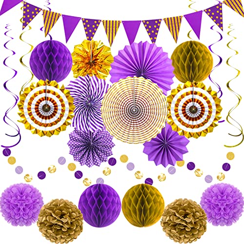 24 Pcs Purple Gold Party Decorations, Paper Fans Pom Poms Banner - color: Purple Gold