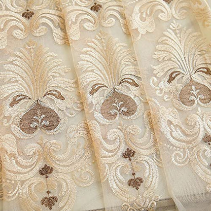 Amidoudou 1 Pair European Jacquard Sheer Curtains Embroidered Tulle Curtains Living Room Bedroom Luxury Translucent Curtains (Beige,51x96 Inch) - color: Beige, size: 51"W x 96"L (Pack of 2)