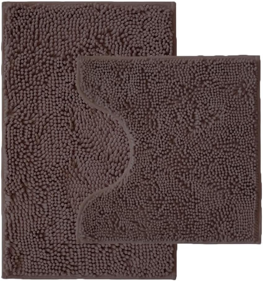 Bathroom Rugs Sets 2 Piece,Super Absorbent Chenille Bath Mats and U-Shaped Toilet Rug,Strong PVC Non Slip Backing,Microfiber Washable Dry Quickly Bath Mats for Bathroom(20"x32"+20"x20"U, Coffee) - color: Coffee