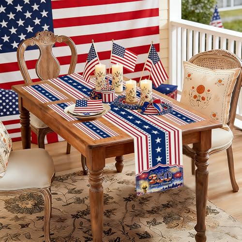 72x13 Inch 250th 4th of July Patriotic USA Stars Table Runner with 6Pcs Place Mats for Independence Day - color: 250th Anniversary