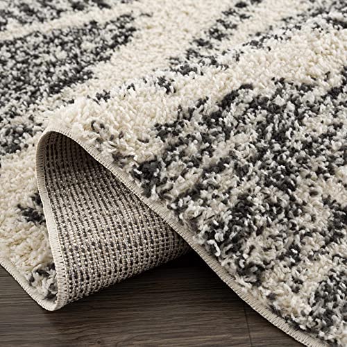 Hauteloom Berber Shag Collection - Fishhook Farmhouse Living Room Bedroom Area Rug with Tassel - Fluffy Plush High Pile Carpet - Southwestern Bohemian Tribal Style - Beige, Black - 5'3" x 7'3" - color: Light Brown, Black, White / Fishhook Fishh, size: 5'3