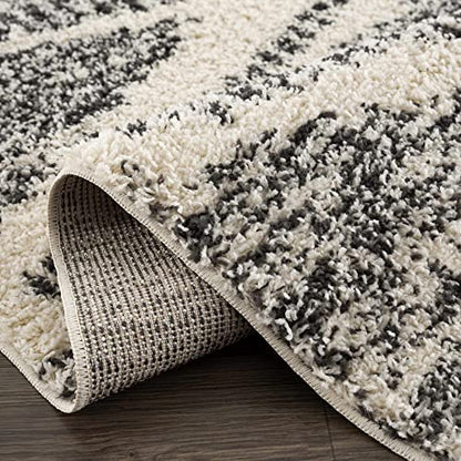 Hauteloom Berber Shag Collection - Fishhook Farmhouse Living Room Bedroom Area Rug with Tassel - Fluffy Plush High Pile Carpet - Southwestern Bohemian Tribal Style - Beige, Black - 5'3" x 7'3" - color: Light Brown, Black, White / Fishhook Fishh, size: 5'3
