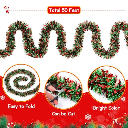 50Ft Red Green Christmas Tinsel Garland Xmas Tree Decorations - color: Red Green