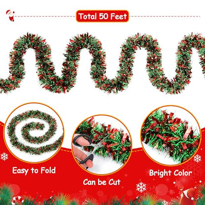 50Ft Red Green Christmas Tinsel Garland Xmas Tree Decorations - color: Red Green