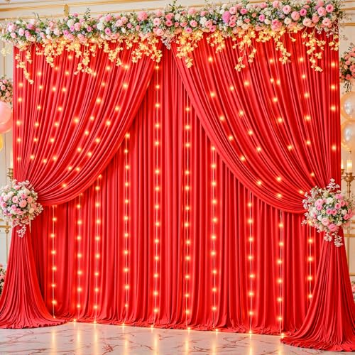 10 x 10ft Red Backdrop Curtains with Lights String for Party - color: Red, size: W5' x H10'(2 panels)