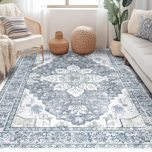 BESTSWEETIE Washable Boho 5x7 Area Rug for Living Room, Blue Grey White - color: Grey, size: 7' x 5'3" (Rectangular)