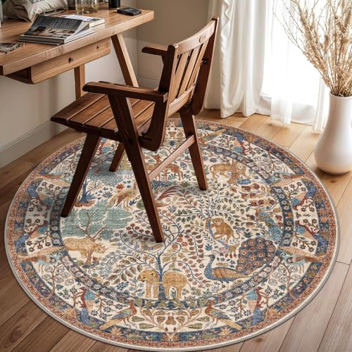4ft Round Rug Circular Animal Print Area Rug Low Pile Indoor Rug - color: Beige, size: 4' (Round)