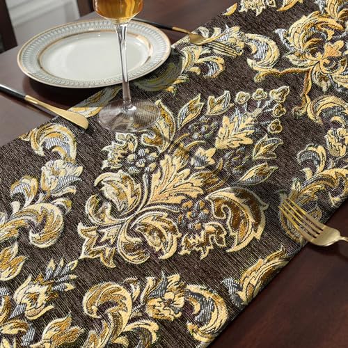Sophisticated Jacquard Dark Brown Chenille Table Runner 84 inches Long - color: Dark Brown, size: 13x84“
