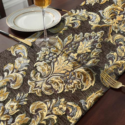 Sophisticated Jacquard Dark Brown Chenille Table Runner 84 inches Long - color: Dark Brown, size: 13x84“