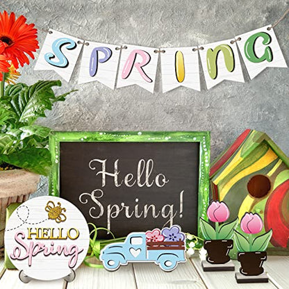 Patelai Spring Tiered Tray Decor Set Wooden Pastel Hello Spring Decor Truck Tulip Flower Table Signs Rustic Farmhouse Tiered Tray Decoration for Home Tabletop Living Room Kitchen Decorations - style: Spring