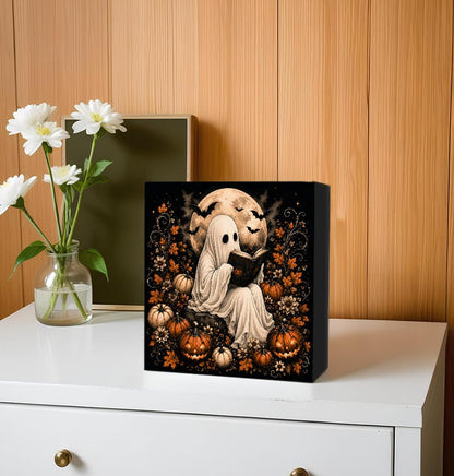 Halloween Ghost Read Book Wooden Box Decorative Sign 5x5 Inch - color: N