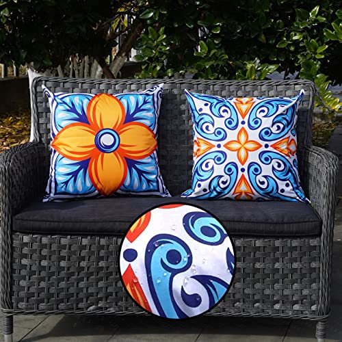 ONWAY Outdoor Pillow Covers Waterproof 20x20 Set of 4 Floral Boho Decorative Throw Cushion Cover Farmhouse Pillows for Bench, Couch, Patio Furniture - color: Blueorange, size: 20" x 20" (Pack of 4)