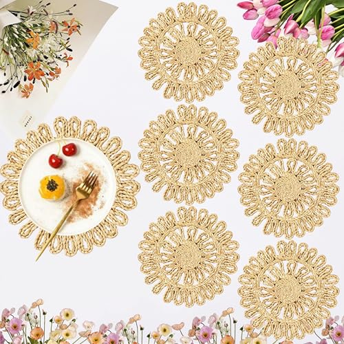 IcosaMro 13 Inch Boho Round Woven Placemats Set of 6 Natural Place Mats - color: Style a -13 Inch, Pack of 6