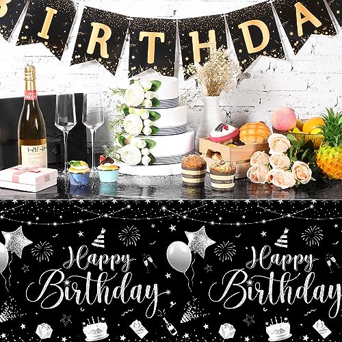 Tudomro 3 Pcs Plastic Happy Birthday Party Tablecloths,Black Silver - color: Black Silver