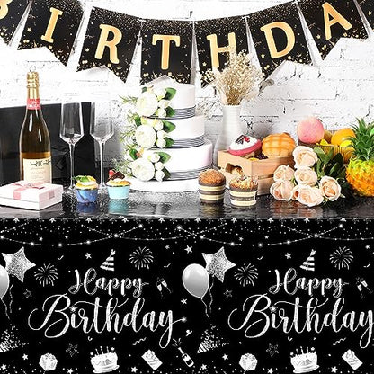 Tudomro 3 Pcs Plastic Happy Birthday Party Tablecloths,Black Silver - color: Black Silver