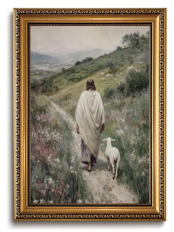 Gold Framed Jesus Shepherd Wall Art Jesus Leaves the 99 Sheep 16x24in - color: Gold Framed-06, size: 24"L x 16"W