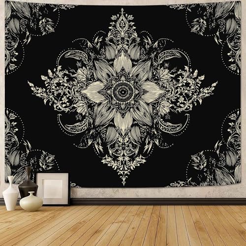 Lifeel Black and White Floral Tapestry, Boho Aesthetic Tapestries, Wall Hanging for Bedroom Living Room Dorm - color: Black, size: 90"L x 68"W