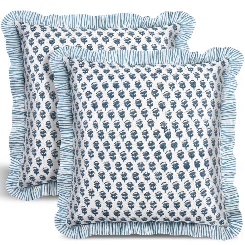 CPC Apatite Blue Block Print Ruffle Pillow Cover 18x18 Inch, Pack of 2 - color: Apatite Blue, size: 18" x 18" (Pack of 2)