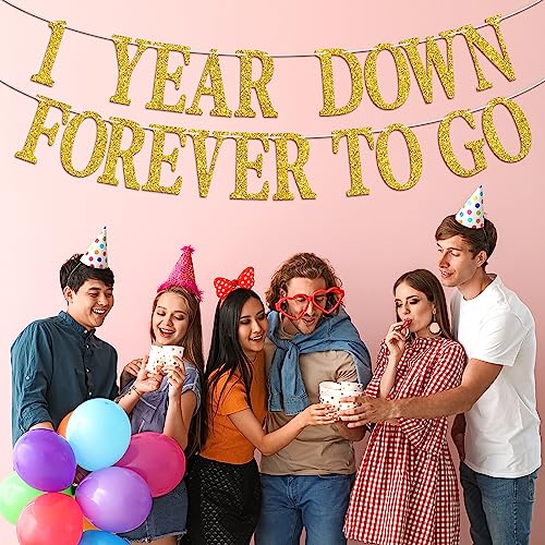 1 Year Down Forever to Go Banner, 1 Year of Marriage Gift, Happy 1st Wedding Anniversary Party Decoration Supplies, Gold Glitter