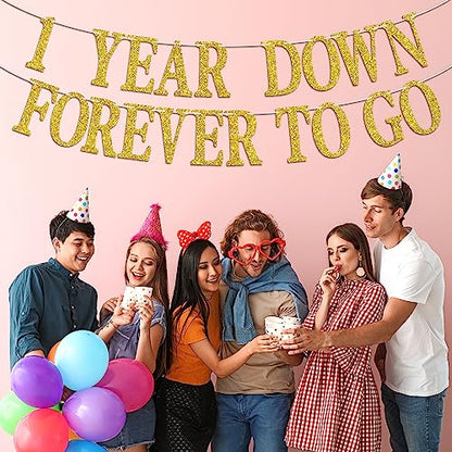 1 Year Down Forever to Go Banner, 1 Year of Marriage Gift, Happy 1st Wedding Anniversary Party Decoration Supplies, Gold Glitter