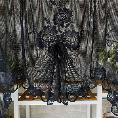 1 Panel Black Floral Embroidery Tie-up Sheer Lace Curtain Valance - color: Black, size: 59"W x 39"L (Pack of 1)